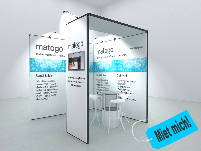 Messestand Bamberg Seitenansicht, System 50 by matogo mit Mietmöbel